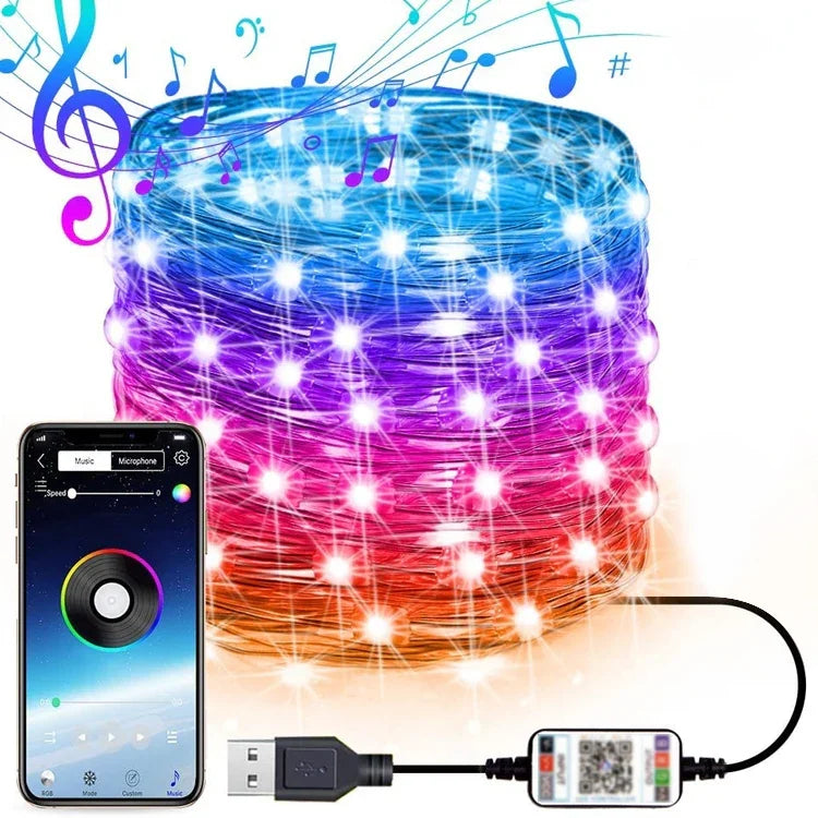 Guirlande lumineuse de Noël en fil de cuivre RVB, contrôle par application mobile Bluetooth, longueur : 10 m 100 LED, 10 m 100 LED