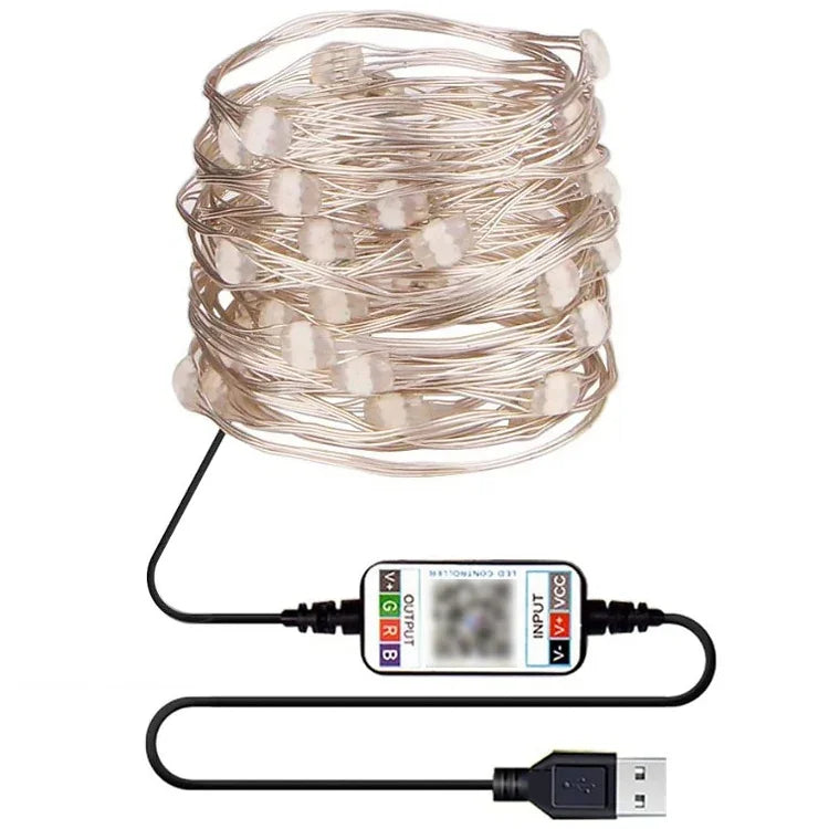 Guirlande lumineuse de Noël en fil de cuivre RVB, contrôle par application mobile Bluetooth, longueur : 10 m 100 LED, 10 m 100 LED