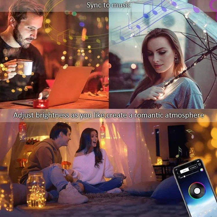 Guirlande lumineuse de Noël en fil de cuivre RVB, contrôle par application mobile Bluetooth, longueur : 10 m 100 LED, 10 m 100 LED