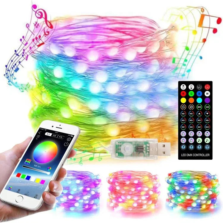 Guirlande lumineuse de Noël USB en fil de cuivre avec télécommande et contrôle par application mobile Bluetooth, longueur : 20 m 200 LED, télécommande et contrôle par application, longueur : 20 m 200 LED