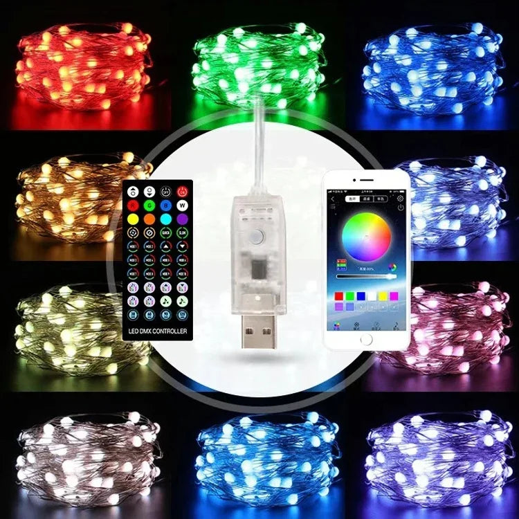 Guirlande lumineuse de Noël USB en fil de cuivre avec télécommande et contrôle par application mobile Bluetooth, longueur : 20 m 200 LED, télécommande et contrôle par application, longueur : 20 m 200 LED