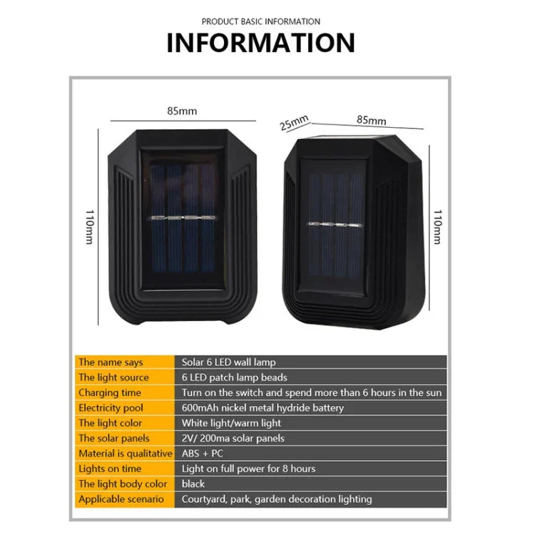 Applique murale solaire extérieure 6 LED, luminaire décoratif de jardin haut et bas