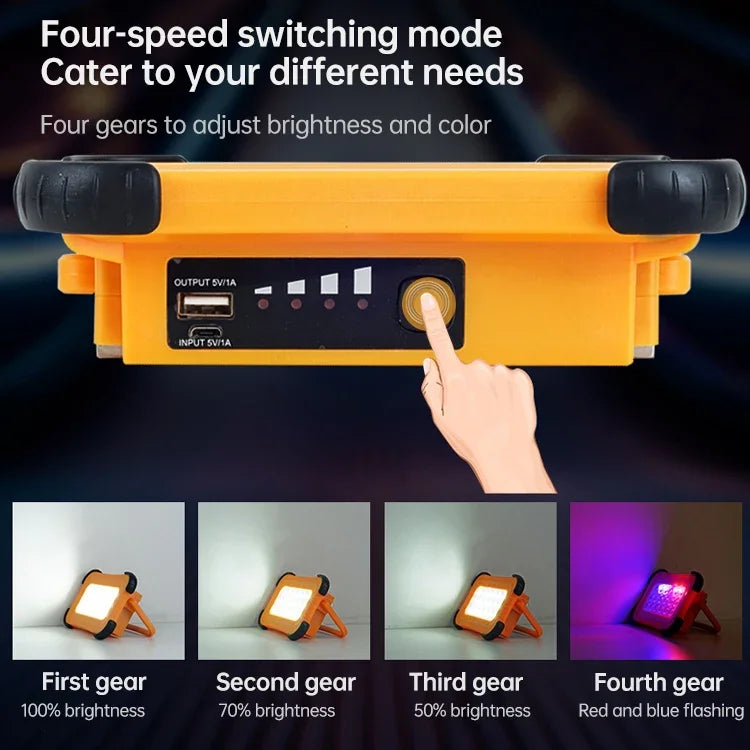 Lumière de camping solaire portable 50W 32 LED, éclairage magnétique d'urgence avec quatre niveaux de luminosité, batterie externe et indicateur de batterie