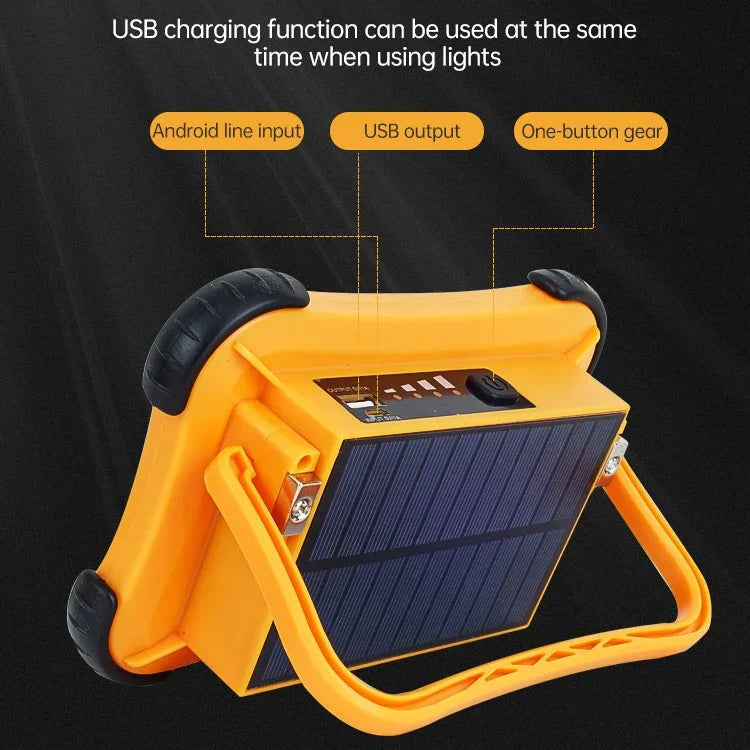 Lumière de camping solaire portable 50W 32 LED, éclairage magnétique d'urgence avec quatre niveaux de luminosité, batterie externe et indicateur de batterie