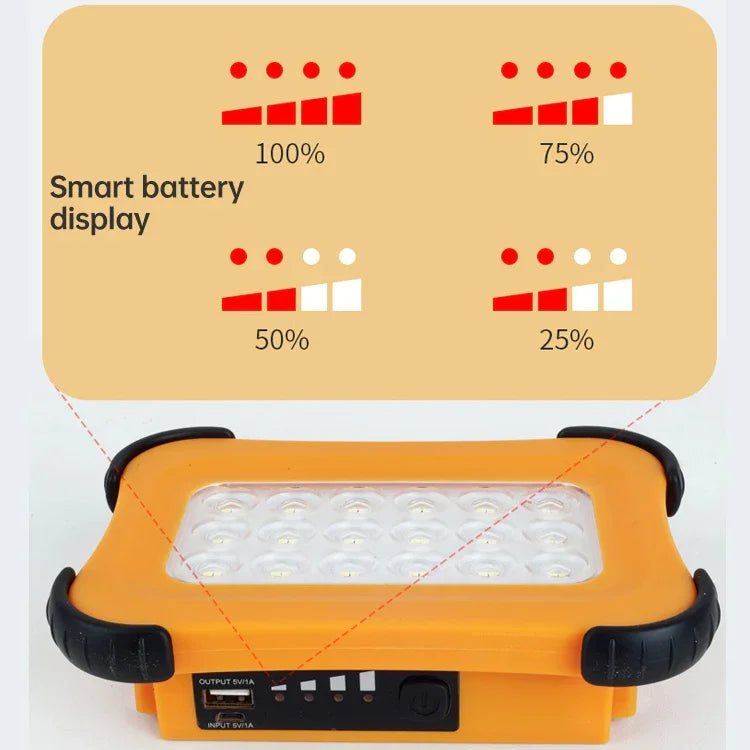 Lumière de camping solaire portable 50W 32 LED, éclairage magnétique d'urgence avec quatre niveaux de luminosité, batterie externe et indicateur de batterie