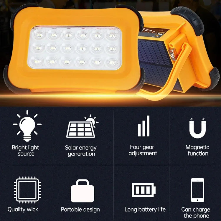 Lumière de camping solaire portable 50W 32 LED, éclairage magnétique d'urgence avec quatre niveaux de luminosité, batterie externe et indicateur de batterie