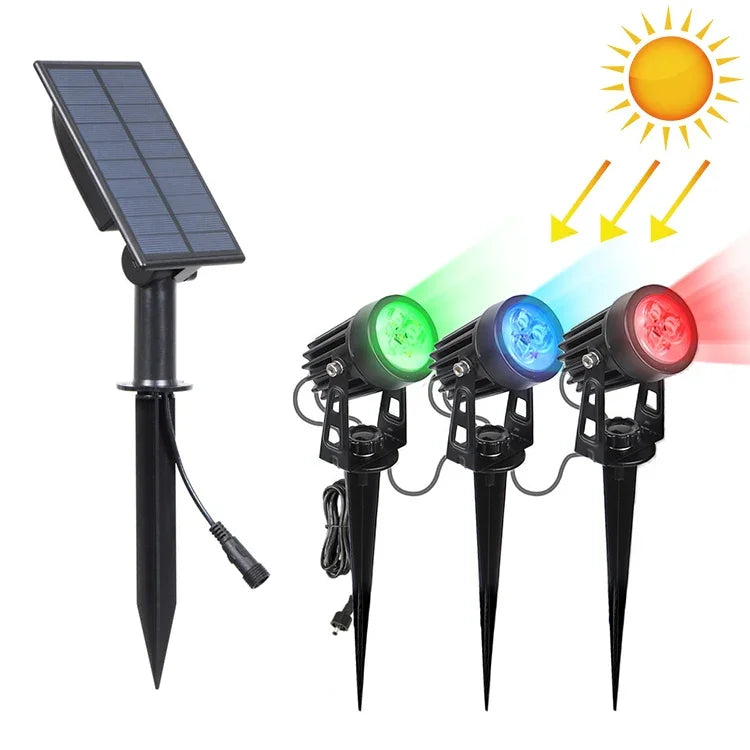 Projecteur solaire extérieur 3W trois en un étanche IP65 avec contrôle de la lumière, lampe de pelouse à induction, flux lumineux : 300-400lm (fixation cyclique RVB), trois en un