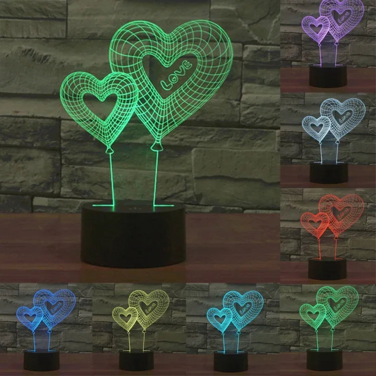Lampe de chevet créative 7 couleurs à décoloration visuelle stéréo, style ballon double cœur