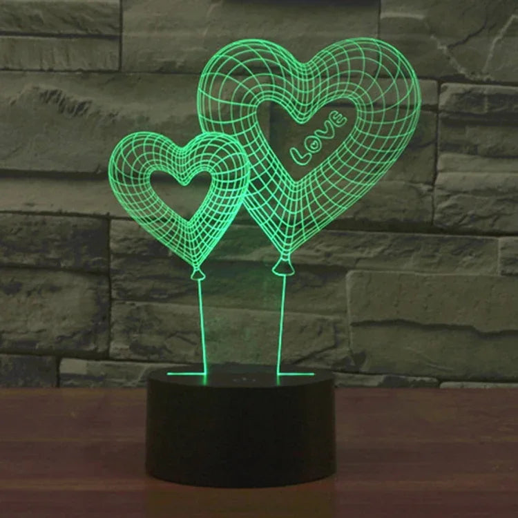 Lampe de chevet créative 7 couleurs à décoloration visuelle stéréo, style ballon double cœur