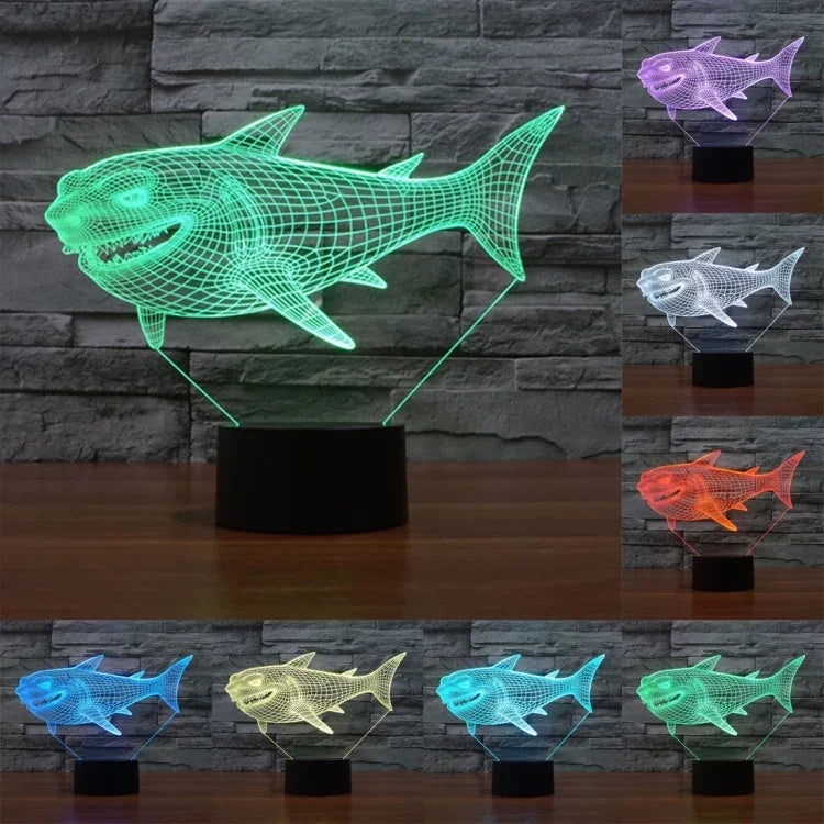 Lampe de bureau créative en stéréo visuelle à 7 couleurs, lampe de nuit, motif requin de profil