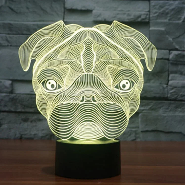 Veilleuse de bureau créative en forme de chien avec lampe stéréo visuelle 7 couleurs à décoloration.