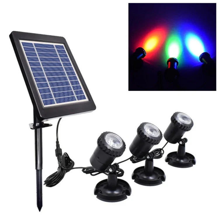 Projecteur solaire 3-en-1 RVB pour pelouse et piscine, lumière rouge verte bleue