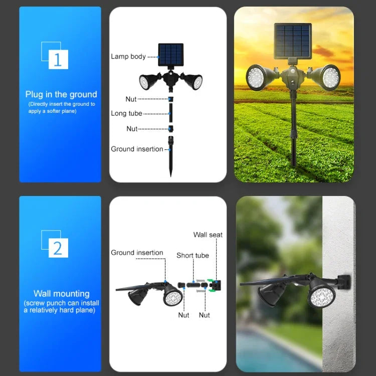Spot projecteur LED robot solaire, double tête avec capteur intelligent pour pelouse extérieure
