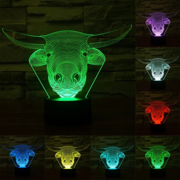 Lampe de table créative 7 couleurs avec effet de décoloration visuelle en 3D, Veilleuse de style vache