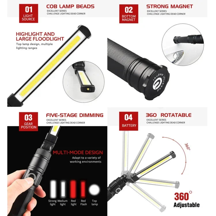W552 Lampe de travail d'urgence portable et pliable rechargeable par USB 280LM, Taille: 13,5 x 3,8 cm, W552