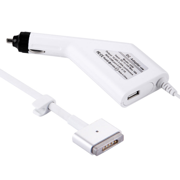Chargeur de voiture MagSafe 2 45W 14.85V 3.05A 5 broches de style T avec 1 port USB pour Apple Macbook A1466 / A1436 / A1465 / A1435 / MD224 / MD231 / MD761 / MD711, longueur : 1,7m, 45W 14.85V 3.05A