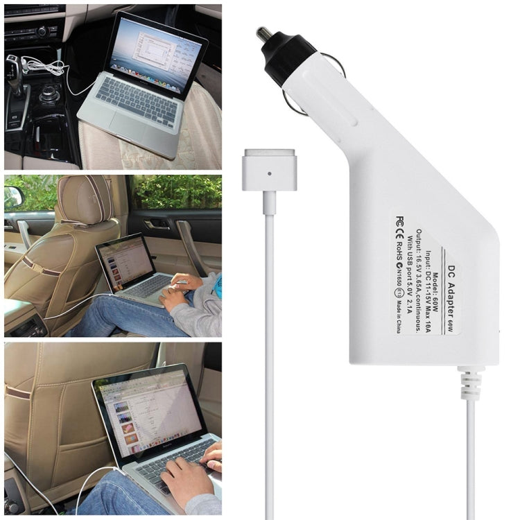 Chargeur de voiture MagSafe 2 60W 16,5V 3,65A à 5 broches de style T avec 1 port USB pour Apple Macbook A1465 / A1502 / A1435 / MD212 / MD2123 / MD662, Longueur : 1,7m