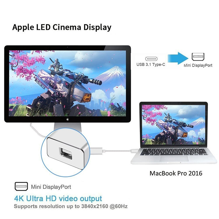 Convertisseur HD USB-C / Type-C 3.1 mâle vers Mini DP femelle, longueur : 12 cm, argent, or