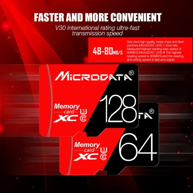 Carte mémoire MICRODATA 128 Go haute vitesse U3 rouge et noire TF (micro SD), 128 Go