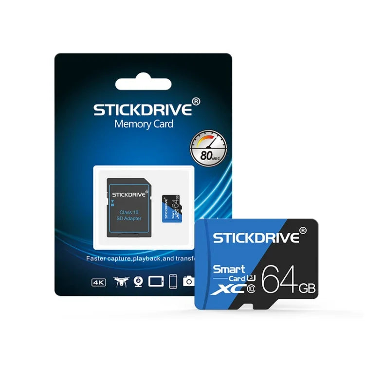 Carte mémoire microSD STICKDRIVE 64 Go haute vitesse U3 bleue et noire, 64 Go