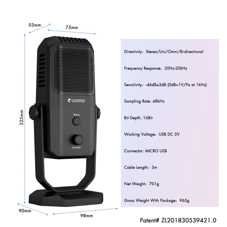 Microphone à condensateur de studio Yanmai SF-900 multifonction à quatre directivités avec support de bureau