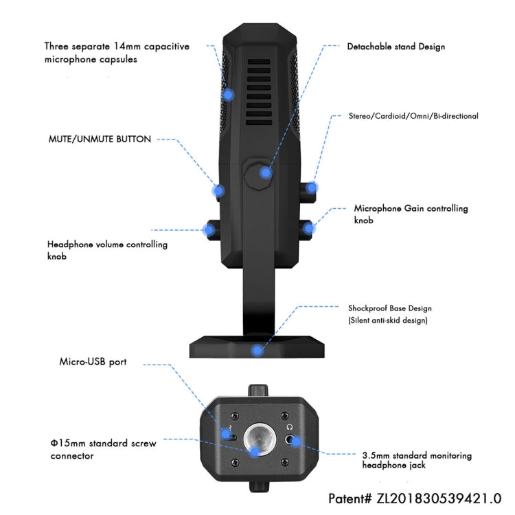 Microphone à condensateur de studio Yanmai SF-900 multifonction à quatre directivités avec support de bureau