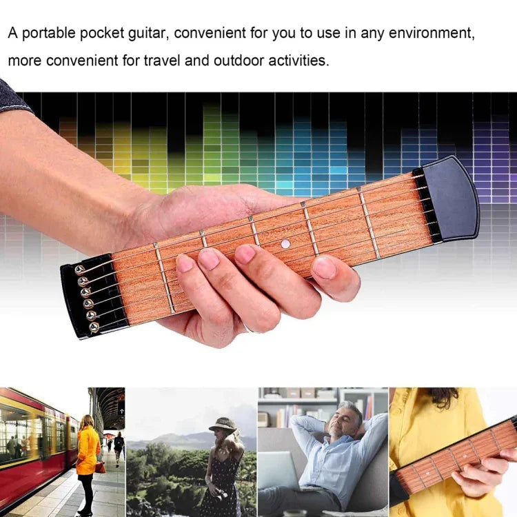 Outil d'entraînement portable pour guitare de poche à 6 frettes, idéal pour les débutants et pour la pratique des accords et des doigtés.