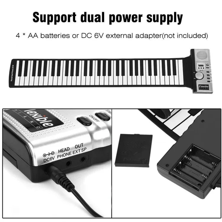 Piano électronique portable à clavier souple enroulable 61 touches avec haut-parleurs, 61 touches