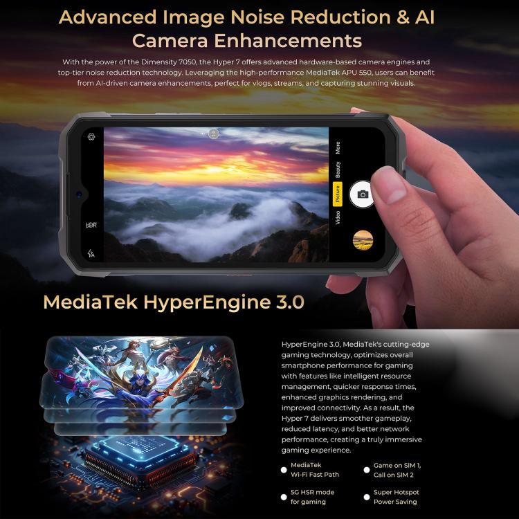 Téléphone robuste HOTWAV Hyper 7, 8 Go + 256 Go, batterie 10 800 mAh, écran 6,6 pouces, Android 14, processeur MediaTek Dimensity 7050 5G, compatible 5G, OTG et NFC.