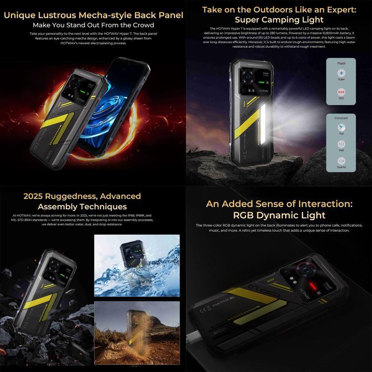 Téléphone robuste HOTWAV Hyper 7, 8 Go + 256 Go, batterie 10 800 mAh, écran 6,6 pouces, Android 14, processeur MediaTek Dimensity 7050 5G, compatible 5G, OTG et NFC.