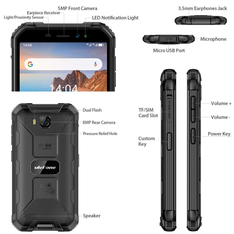 Étanchéité IP68/IP69K, Résistance aux Chocs et à la Poussière, Identification Faciale, Batterie 4000mAh, Écran 5,0 pouces, Android 9.0, MTK6580A/W Quad Core jusqu'à 1,3 GHz, Réseau : 3G, Armor X6 2 Go+16 Go