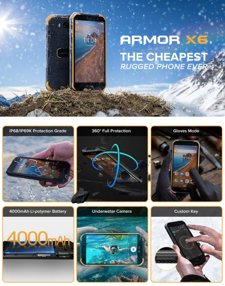 Étanchéité IP68/IP69K, Résistance aux Chocs et à la Poussière, Identification Faciale, Batterie 4000mAh, Écran 5,0 pouces, Android 9.0, MTK6580A/W Quad Core jusqu'à 1,3 GHz, Réseau : 3G, Armor X6 2 Go+16 Go