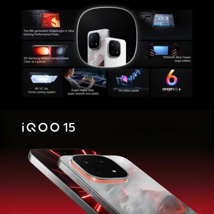 vivo iQOO 15, 16 Go+1 To, Android 16 OriginOS 6 6,85 pouces Snapdragon 8 Elite Gen 5 Octa Core, OTG, NFC, Réseau : 5G, Compatible Google Play, 16 Go+1 To