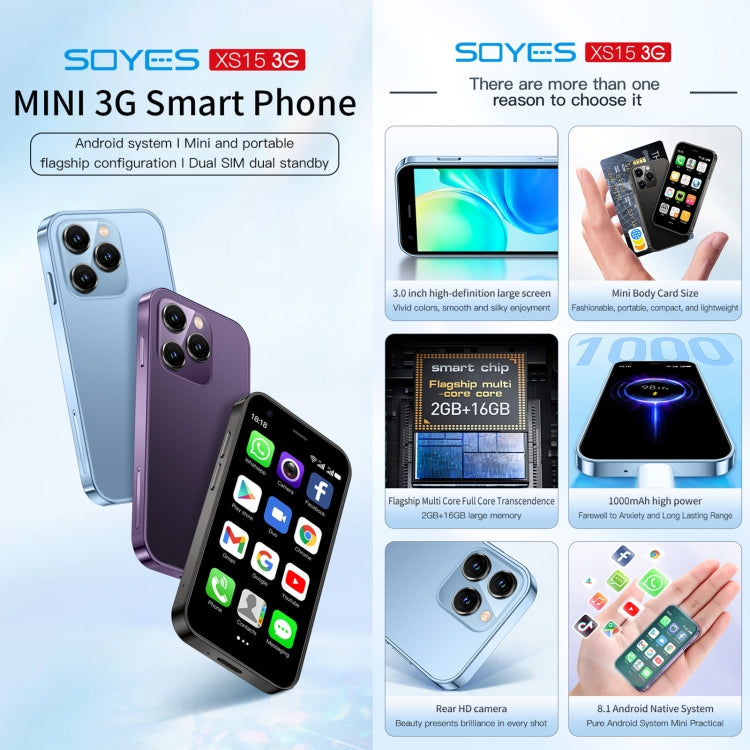 Smartphone SOYES XS15, écran 3 pouces, Android 8.1, processeur quadricœur MTK6580 jusqu'à 1,3 GHz, Bluetooth, Wi-Fi, GPS, réseau 3G, double SIM