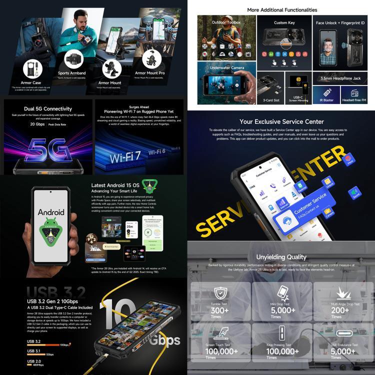 Ulefone Armor 28 Ultra, téléphone robuste, 16 Go + 1 To, vision nocturne, batterie 10 600 mAh, écran 6,67 pouces, Android 14, processeur octocœur MediaTek Dimensity 9300+, réseau 5G, NFC, Armor 28 Ultra