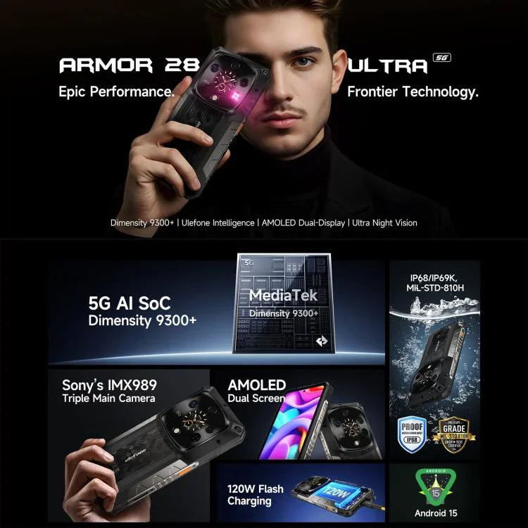 Ulefone Armor 28 Ultra, téléphone robuste, 16 Go + 1 To, vision nocturne, batterie 10 600 mAh, écran 6,67 pouces, Android 14, processeur octocœur MediaTek Dimensity 9300+, réseau 5G, NFC, Armor 28 Ultra