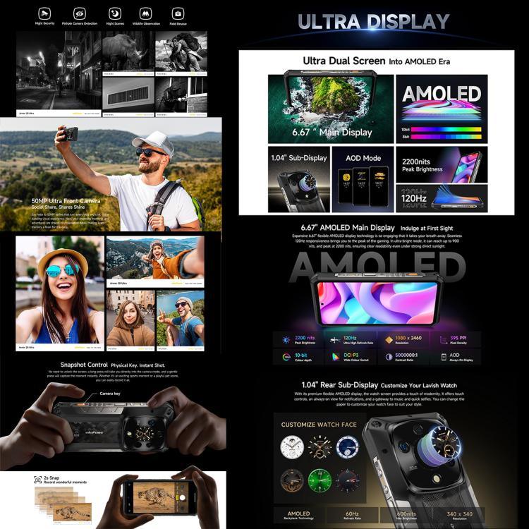 Ulefone Armor 28 Ultra, téléphone robuste, 16 Go + 1 To, vision nocturne, batterie 10 600 mAh, écran 6,67 pouces, Android 14, processeur octocœur MediaTek Dimensity 9300+, réseau 5G, NFC, Armor 28 Ultra