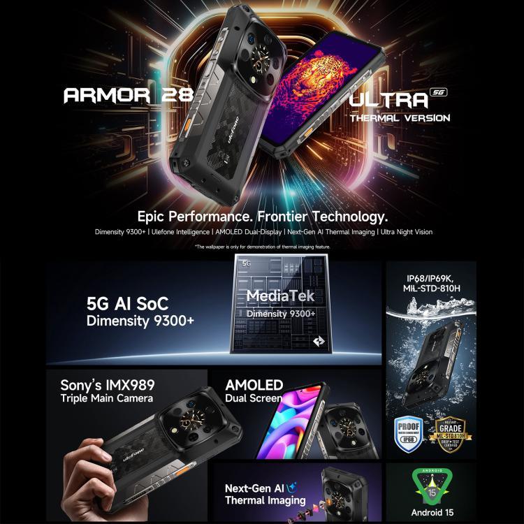 Ulefone Armor 28 UltraThermal Version, téléphone robuste, 16 Go + 1 To, vision nocturne, batterie 10 600 mAh, écran 6,67 pouces, Android 14, processeur octocœur MediaTek Dimensity 9300+, réseau : 5G, NFC, version Armor 28 Ultra Thermal