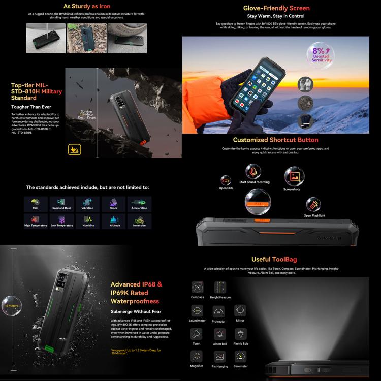 Téléphone robuste Blackview BV4800 SE, 4 Go + 64 Go, écran 6,56 pouces, Android 15, processeur octa-core UMS9320E T615, compatible 4G, OTG et NFC.