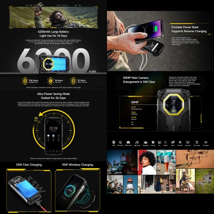 Ulefone Armor Mini 20, Vision nocturne, 8 Go + 256 Go, Téléphone durci IP68/IP69K, Android 14, 4,7 pouces, Processeur octa-core MediaTek Dimensity 6300, Réseau : 4G, NFC, OTG, Armor Mini 20