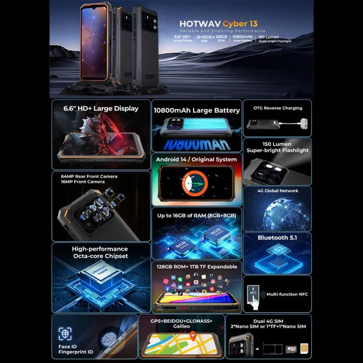 HOTWAV CYBER 13, téléphone robuste IP68/IP69K, 8 Go + 128 Go, batterie 10 800 mAh, écran 6,6 pouces, Android 14.0, processeur octocœur Unisoc T606, réseau : 4G, NFC, OTG
