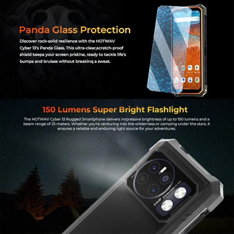HOTWAV CYBER 13, téléphone robuste IP68/IP69K, 8 Go + 128 Go, batterie 10 800 mAh, écran 6,6 pouces, Android 14.0, processeur octocœur Unisoc T606, réseau : 4G, NFC, OTG