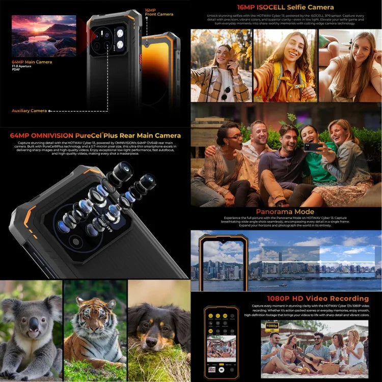 HOTWAV CYBER 13, téléphone robuste IP68/IP69K, 8 Go + 128 Go, batterie 10 800 mAh, écran 6,6 pouces, Android 14.0, processeur octocœur Unisoc T606, réseau : 4G, NFC, OTG