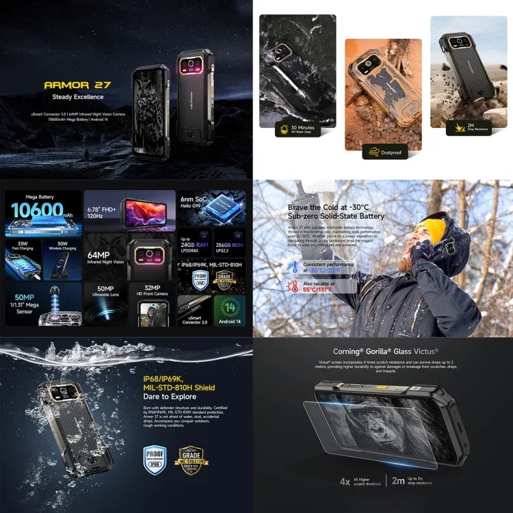 Ulefone Armor 27, téléphone robuste, 12 Go + 256 Go, vision nocturne, batterie 10 600 mAh, écran 6,78 pouces, Android 14, processeur MediaTek Helio G99 octa-core, réseau : 4G, NFC, OTG, Armor 27