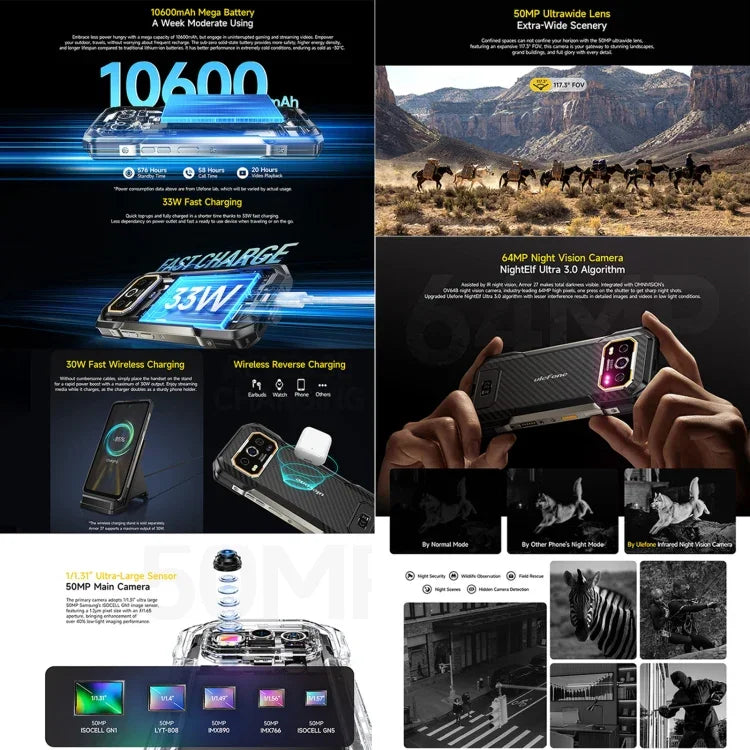 Ulefone Armor 27, téléphone robuste, 12 Go + 256 Go, vision nocturne, batterie 10 600 mAh, écran 6,78 pouces, Android 14, processeur MediaTek Helio G99 octa-core, réseau : 4G, NFC, OTG, Armor 27