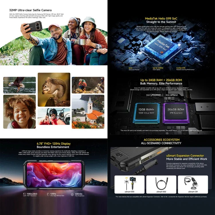 Ulefone Armor 27, téléphone robuste, 12 Go + 256 Go, vision nocturne, batterie 10 600 mAh, écran 6,78 pouces, Android 14, processeur MediaTek Helio G99 octa-core, réseau : 4G, NFC, OTG, Armor 27