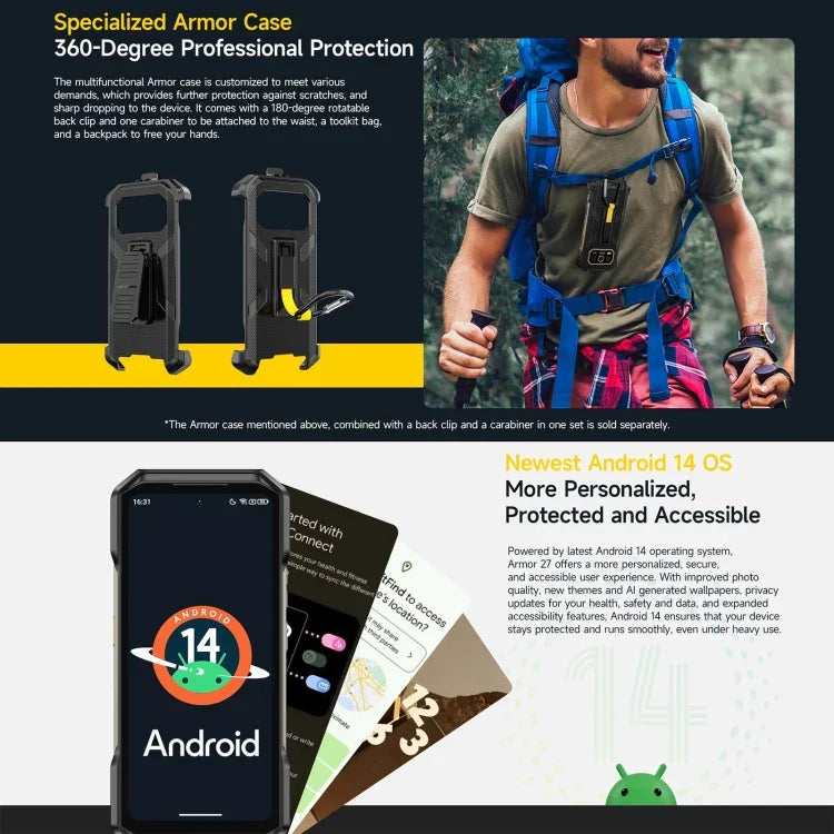 Ulefone Armor 27, téléphone robuste, 12 Go + 256 Go, vision nocturne, batterie 10 600 mAh, écran 6,78 pouces, Android 14, processeur MediaTek Helio G99 octa-core, réseau : 4G, NFC, OTG, Armor 27