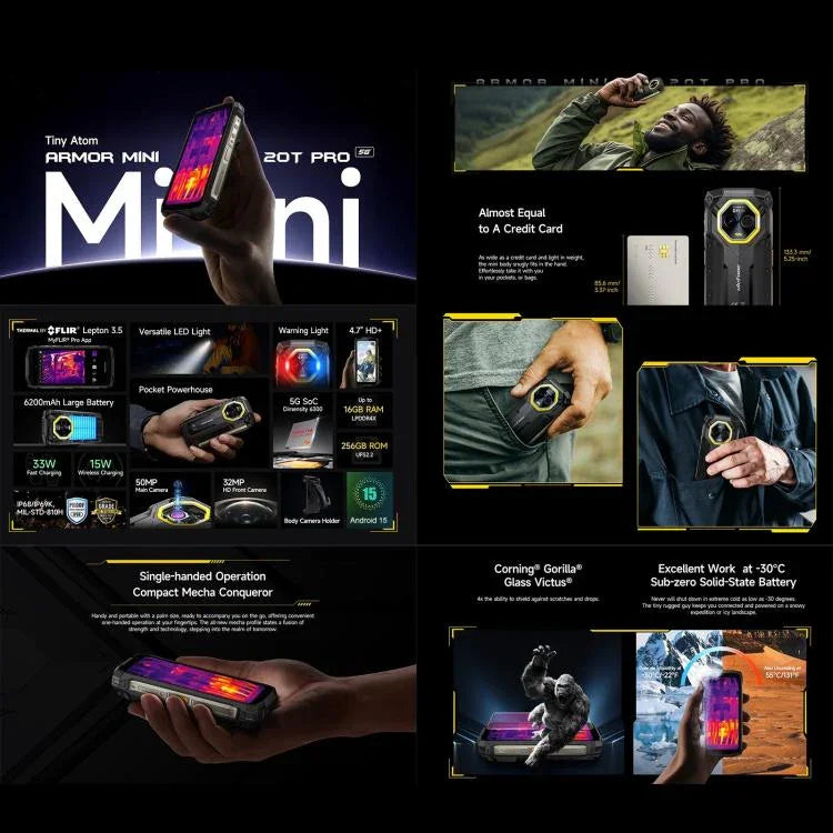 Ulefone Armor Mini 20T Pro, imagerie thermique, 8 Go + 256 Go, téléphone robuste IP68/IP69K, Android 14, processeur octocœur MediaTek Dimensity 6300 5G, réseau : 5G, NFC, OTG, Armor Mini 20T Pro