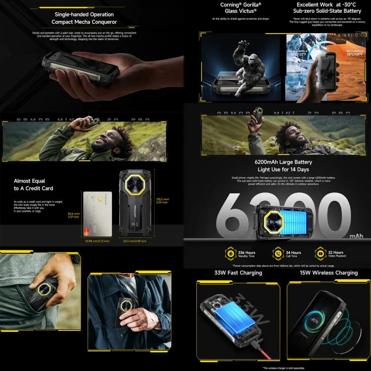 Ulefone Armor Mini 20 Pro, 8 Go + 256 Go, téléphone robuste IP68/IP69K, écran 4,7 pouces, Android 14, processeur octocœur MediaTek Dimensity 6300 5G, réseau : 5G, NFC, OTG, Armor Mini 20 Pro