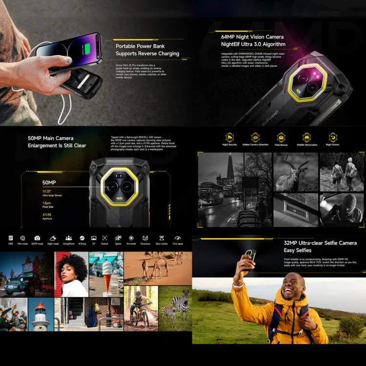 Ulefone Armor Mini 20 Pro, 8 Go + 256 Go, téléphone robuste IP68/IP69K, écran 4,7 pouces, Android 14, processeur octocœur MediaTek Dimensity 6300 5G, réseau : 5G, NFC, OTG, Armor Mini 20 Pro